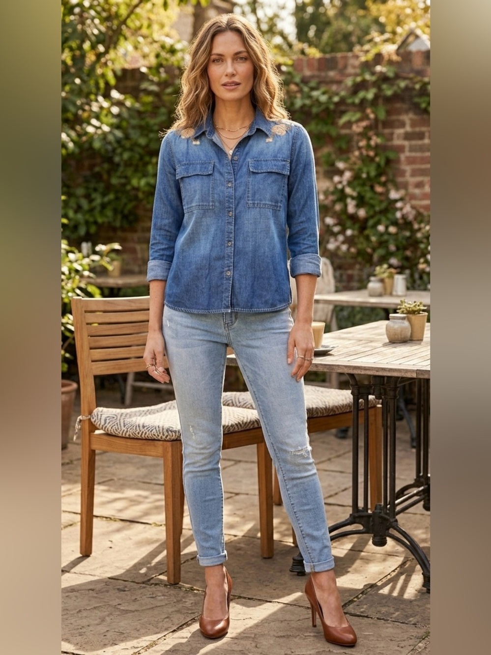 Driftwood Embroidered Denim Shirt – Boho Floral Chambray Button-Down Top‎